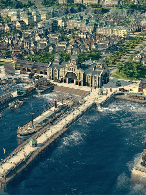 Auf dem Bild ist ein Screenshot aus dem Computerspiel "Anno 1800" zu sehen. Zu sehen ist ein Stadtpanorama in isometrischer Perspektive