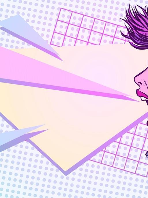 Im Stil der 80er gehaltene Illustration des Profils einer jungen Frau mit lila gefärbten Haaren im New-Wave-Stil. Sie schreit ihre Wut aus sich heraus, was auch die abstrakt-dynamischen Symbole veranschaulichen, die aus ihrem Mund zu kommen scheinen.