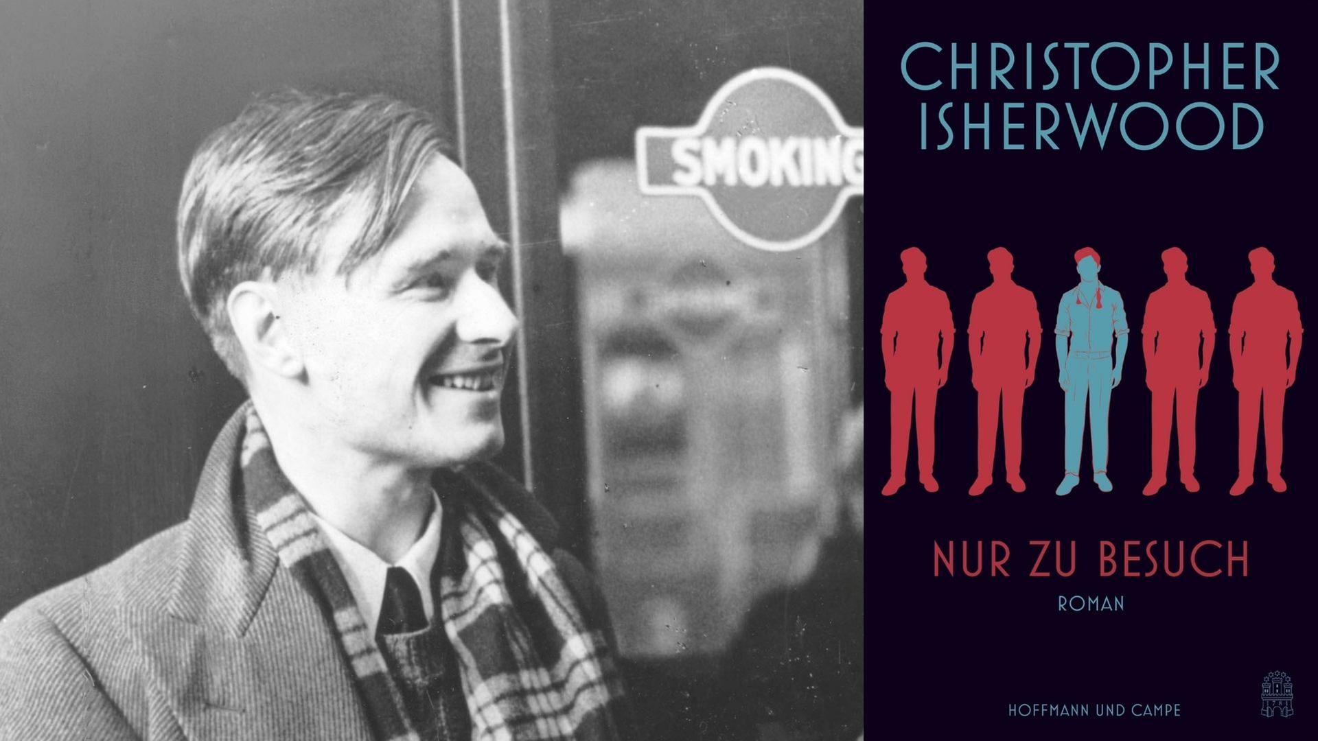 Christopher Isherwood auf einem Bahnsteig 1938 und sein Buch "Nur zu Besuch"