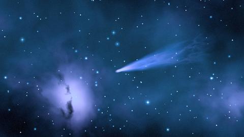 Ein Komet und Sternenhimmel auf einer Grafik.