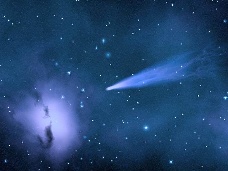 Ein Komet und Sternenhimmel auf einer Grafik.