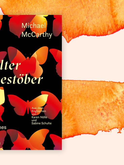 Das Cover ist schwarz und zeigt orange und gelb farbene Illustrationen von Schmetterlingen.