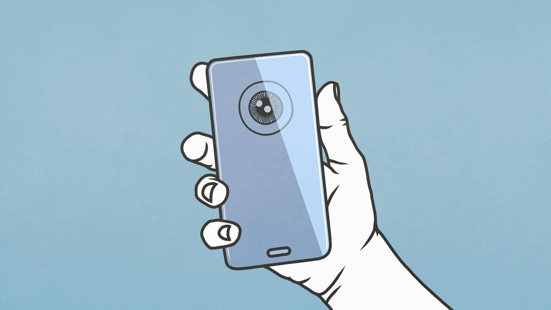 Illustration: Eine Hand hält ein Smartphone mit einem Auge.