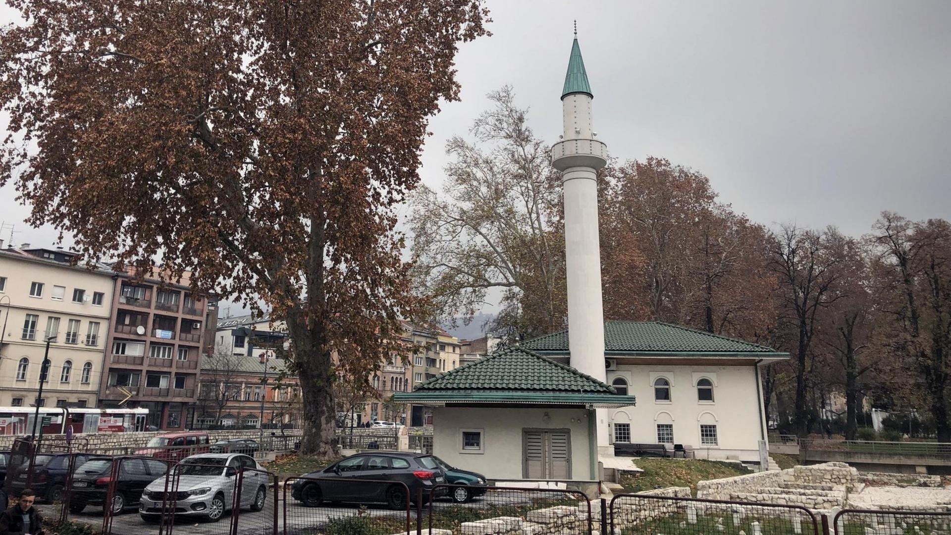 Eine kleine weiße Moschee mit Minarett in Sarajevo. Im Hintergrund stehen Bäume und Häuser, davor parkende Autos.
