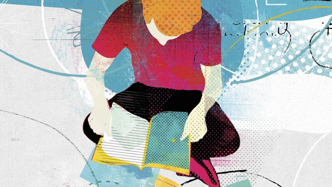 Collage eines Teenagers, der in einem Buch liest.