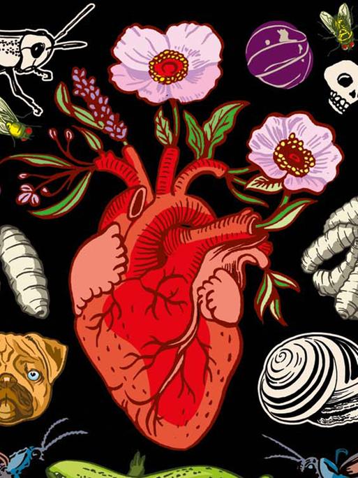 Ein illustriertes Herz umgeben von Tieren.