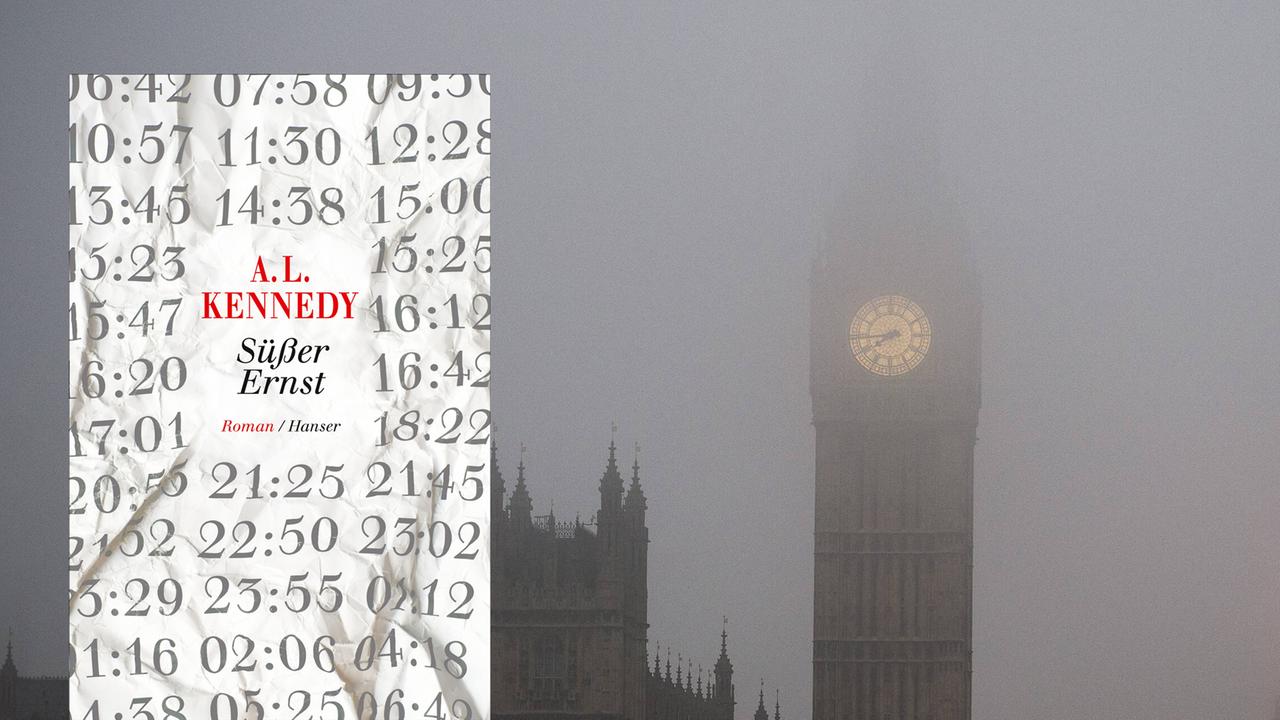 Im Nebel ist nur das Ziffernblatt der Uhr Big Ben in London zu sehen mit dem Buchcover von A. L. Kennedy "Süßer Ernst"
