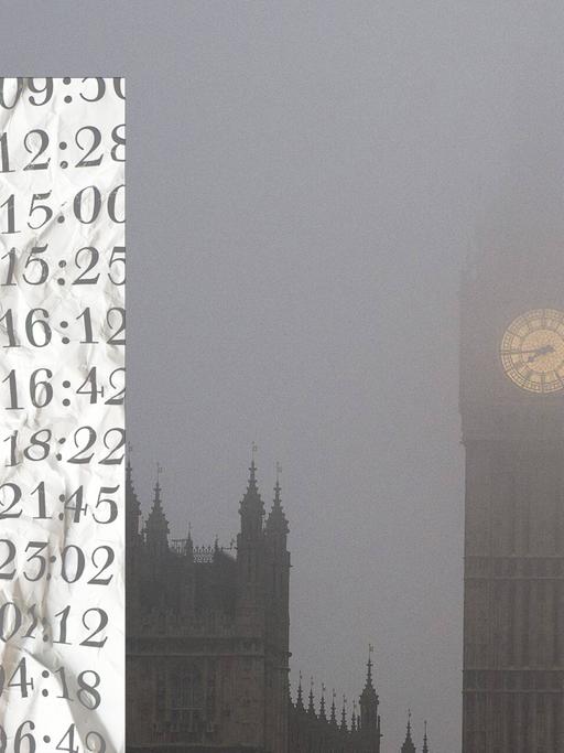Im Nebel ist nur das Ziffernblatt der Uhr Big Ben in London zu sehen mit dem Buchcover von A. L. Kennedy "Süßer Ernst"