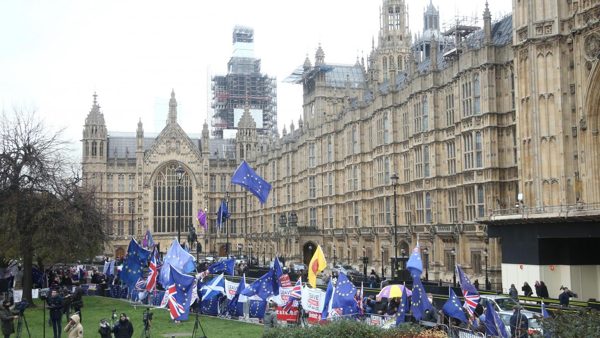 Flaggen und Poster von Brexit-Gegnern und Befürwortern vor den Houses of Parliament in London.