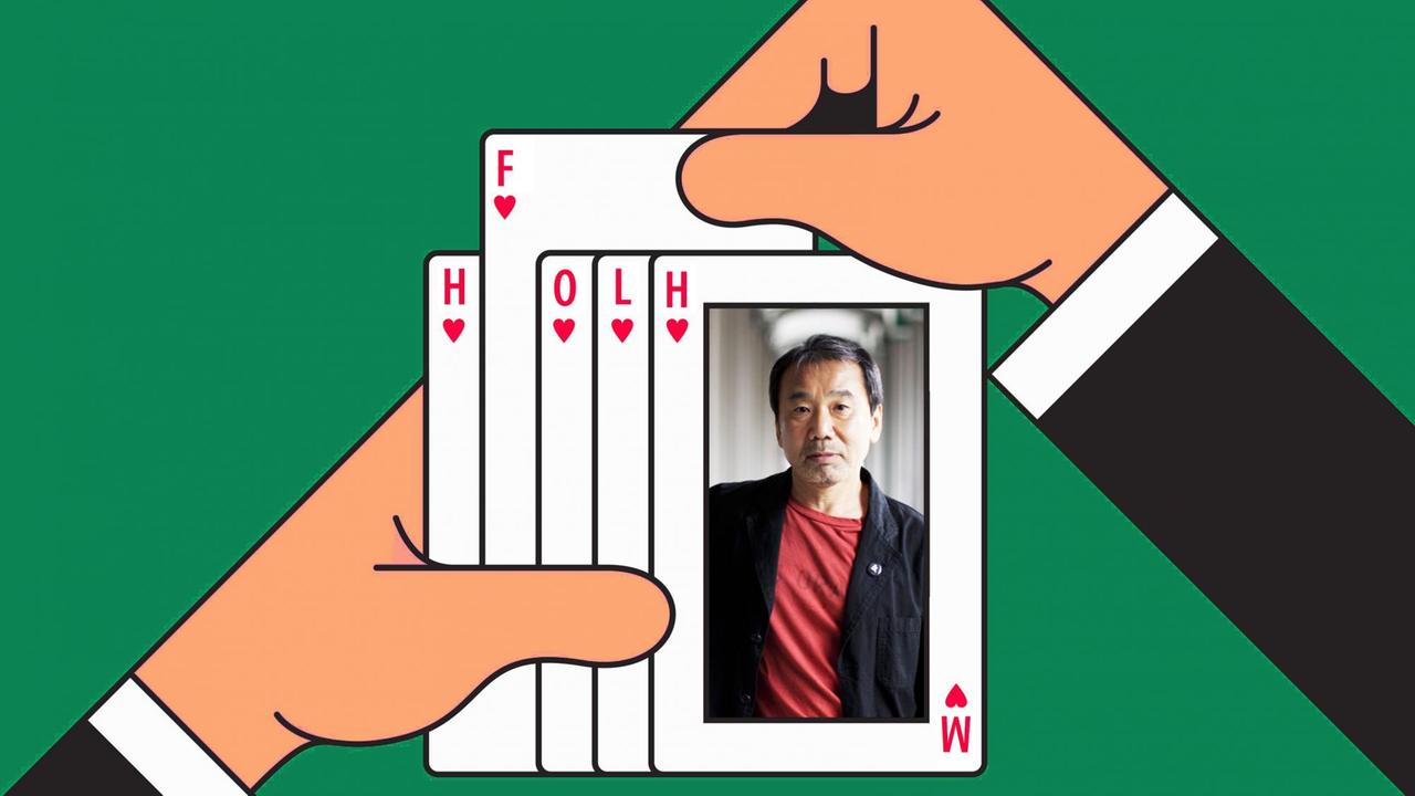 Zwei Hände und ein Pokerblatt. Darin ein Porträt-Bild von Haruki Murakami.