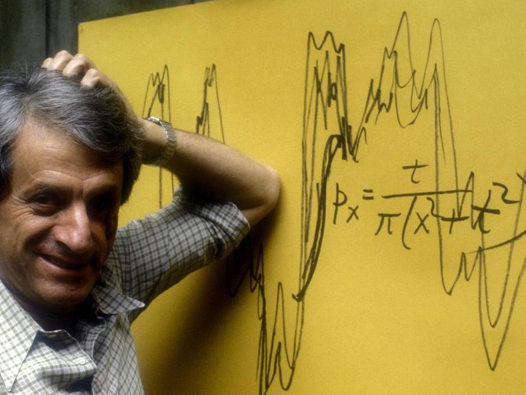 Ein Mann mit grauen Haaren stützt sich mit erhobenem Ellenbogen an eine gelbe Tafel, die er mit Wellen und Formeln beschrieben hat.