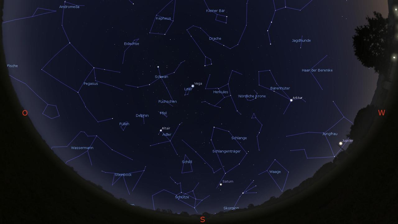 Der Anblick des Sternenhimmels Anfang des Monats gegen 23 Uhr, zur Monatsmitte gegen 22 Uhr und Ende August gegen 21 Uhr.