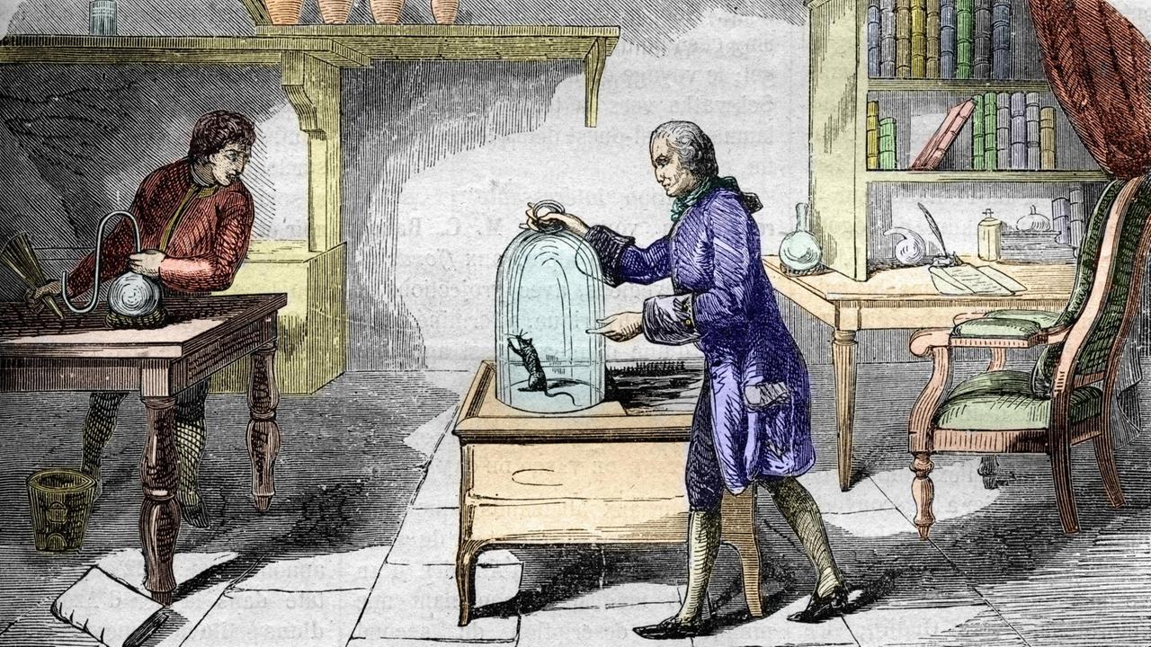 Historische Gravur, sie zeigt einen Mann in Kleidung des 18. Jahrhunderts, der eine Maus in einem Glasbehälter betrachtet. 