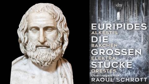 Euripides: "Die großen Stücke" Übertragen von Raoul Schrott Zusehen ist eine Büste von Euripides aus den Vatikanischen Museen und das Buchcover