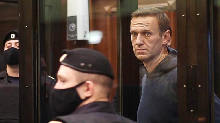 Der russische Oppositions-Politiker Nawalny steht in einem Gerichts-Saal.
