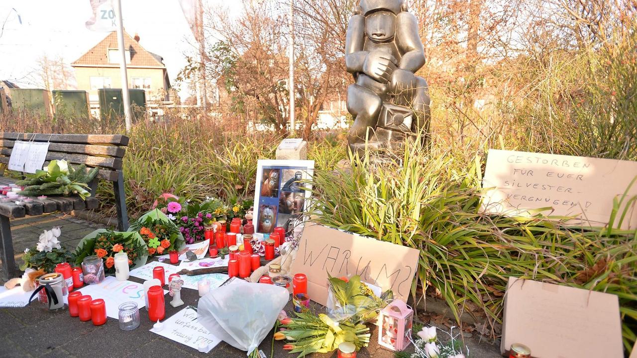 Kerzen, Blumen und Zettel liegen im Krefelder Zoo zum Gedenken an die gestorbenen Affen.