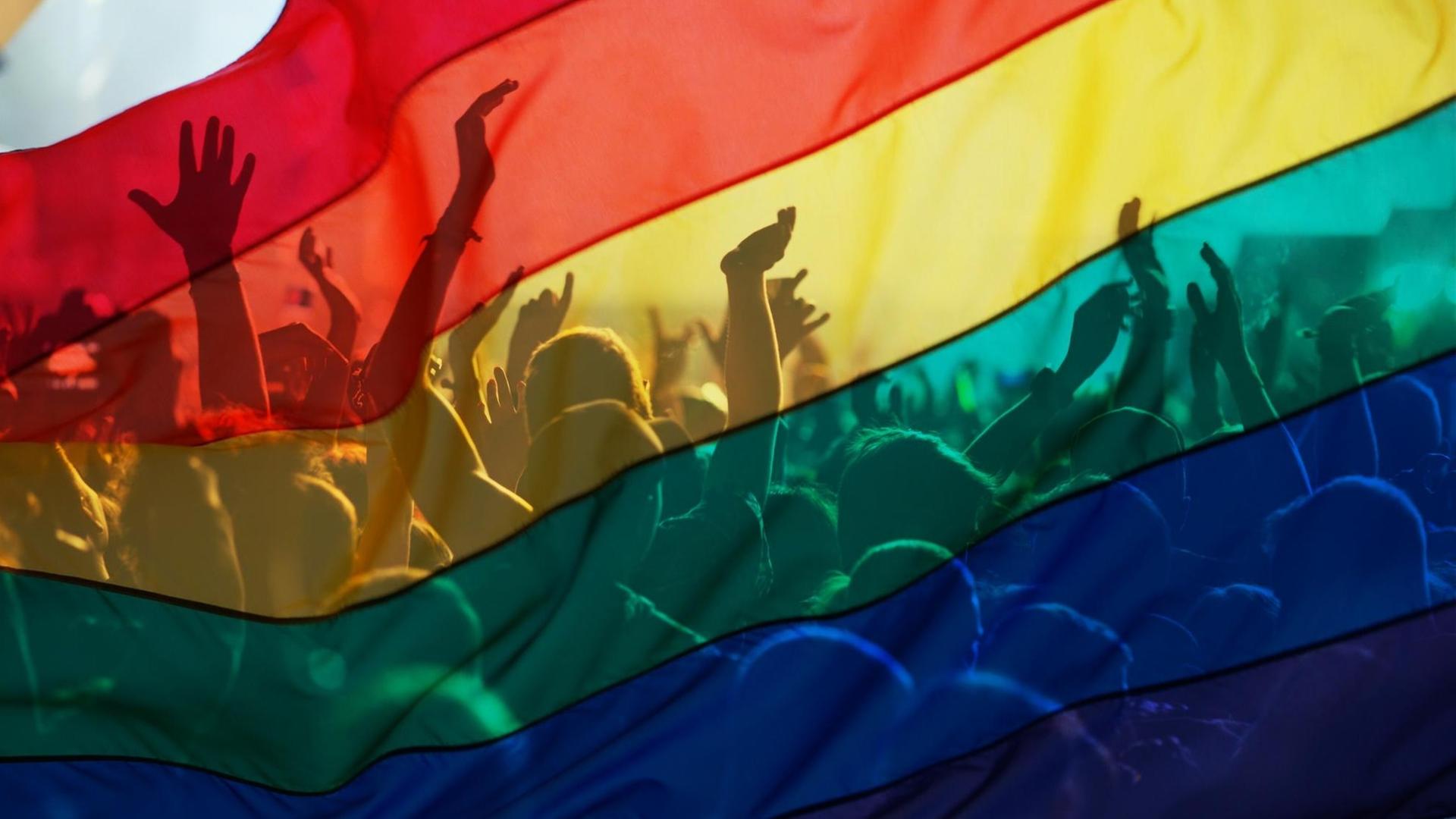 Das Bild zeigt Teilnehmer*innen einer Schwulen- und Lesbenparade mit einer Regenbogenfahne, als Symbol von Liebe und Toleranz.