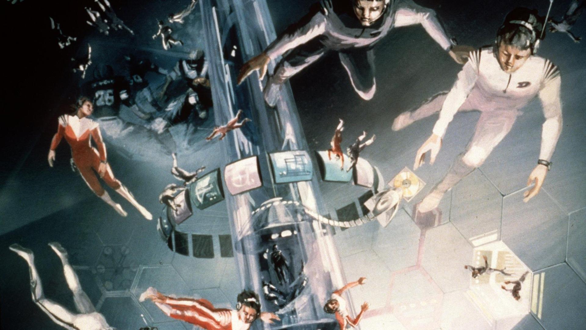 Eine undatierte Illustration zeigt die Vision von zukünftigen Weltraumtouristen, die durch die Schwerelosigkeit des Weltraums frei im Space Hotel fliegen.