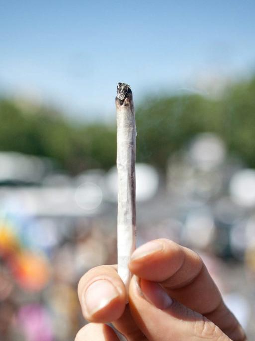Eine Frau hält einen Joint in der Hand auf dem "Marche mondiale du Canabis" in Paris.