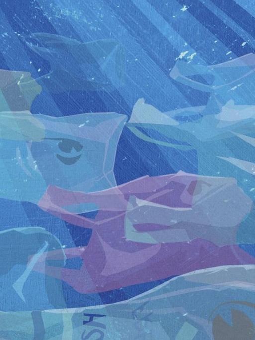 Illustration: Plastiktragetaschen schwimmen wie Fischschwärme im Ozean.