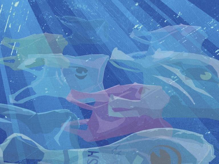 Illustration: Plastiktragetaschen schwimmen wie Fischschwärme im Ozean.