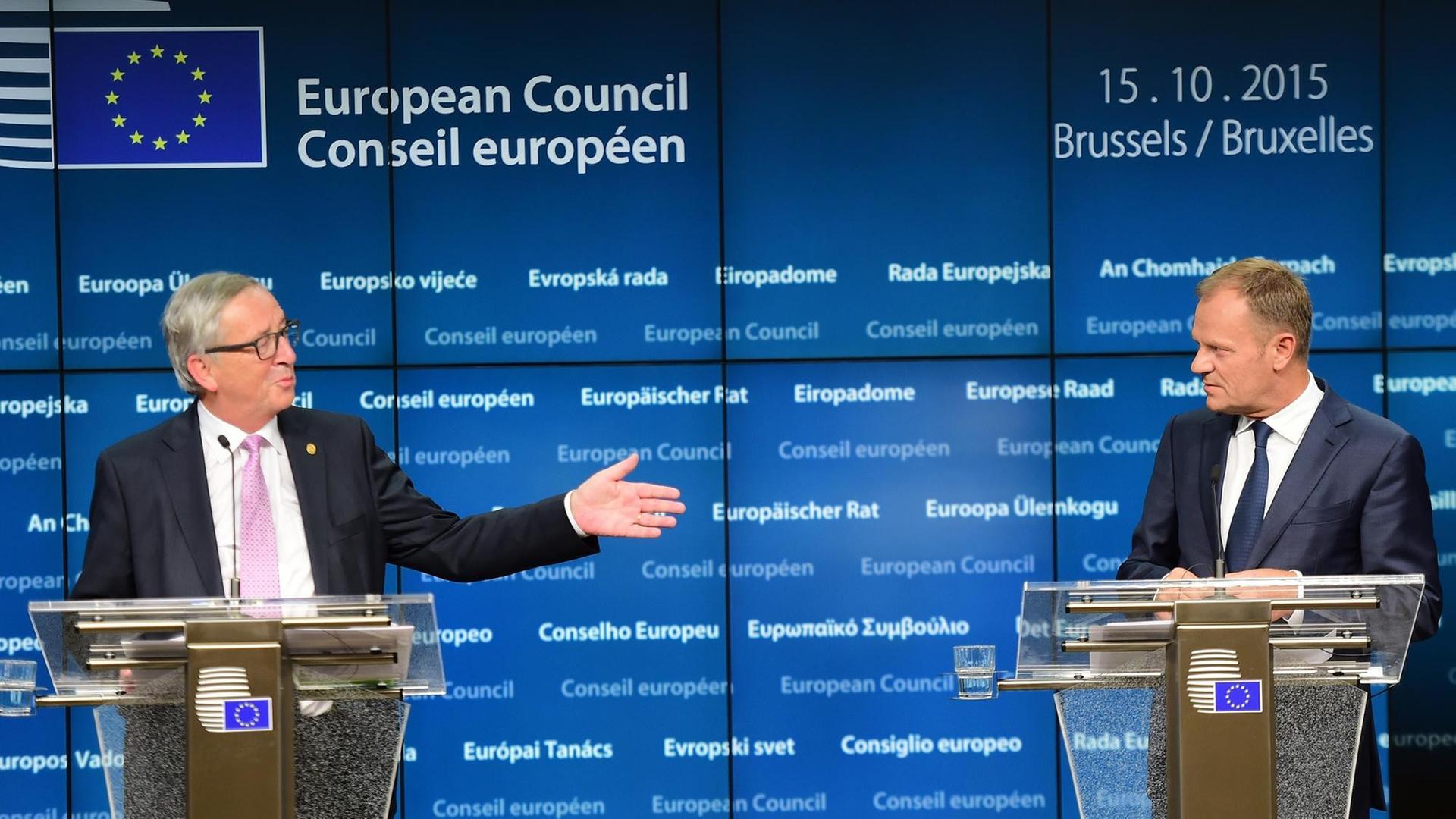 EU-Kommissionspräsident Jean-Claude Juncker und Ratspräsident Donald Tusk bei der Pressekonferenz nach dem Gipfel in Brüssel.