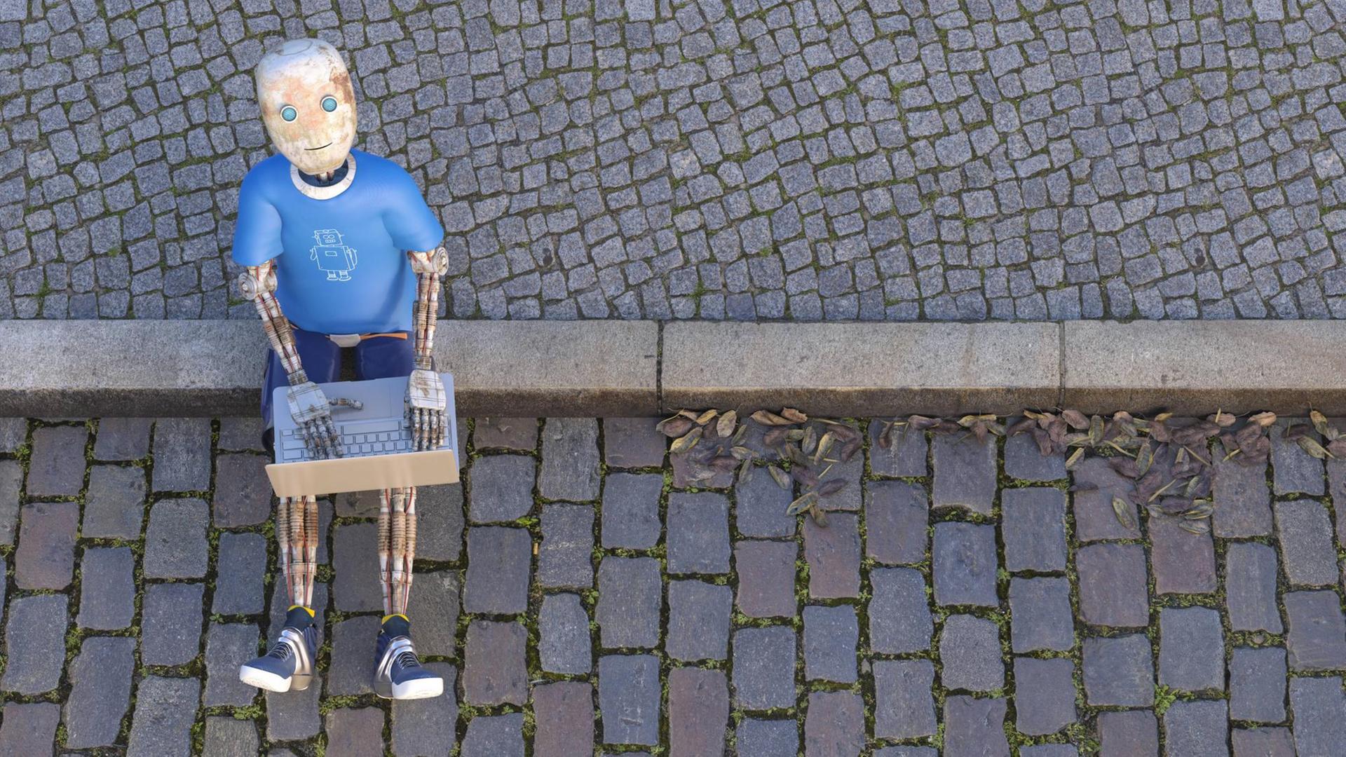 Ein Roboter sitzt mit einem Laptop auf dem Bordstein und guckt nach oben in die Kamera.
