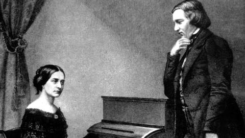 Der Komponist Robert Schumann mit seiner Frau Clara auf einer zeitgenössischen Darstellung