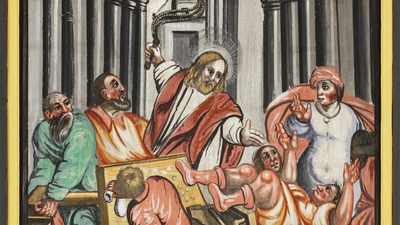 Die Deckenmalerei der Kirche in Blankenstein bei Meissen von 1738 zeigt, wie Jesus die Händler und Wucherer aus dem Tempel treibt
