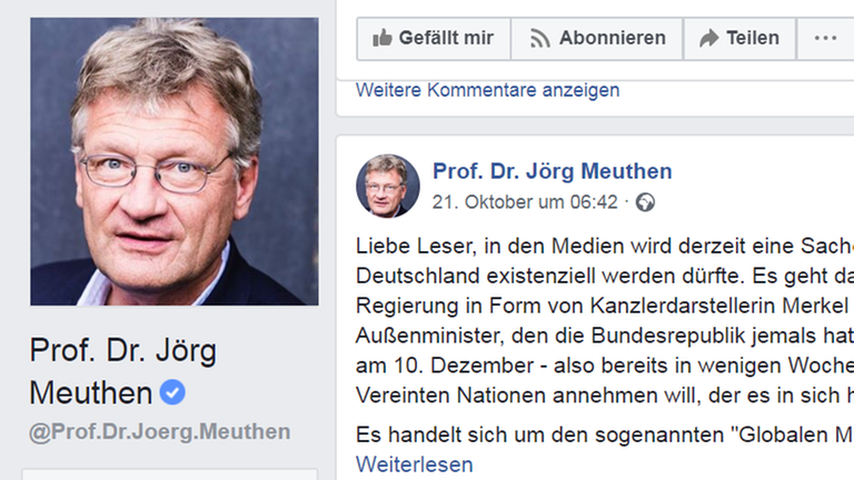 Screenshot des Facebook-Posts von Jörg Meuthen zum Globalen Migrationspakt