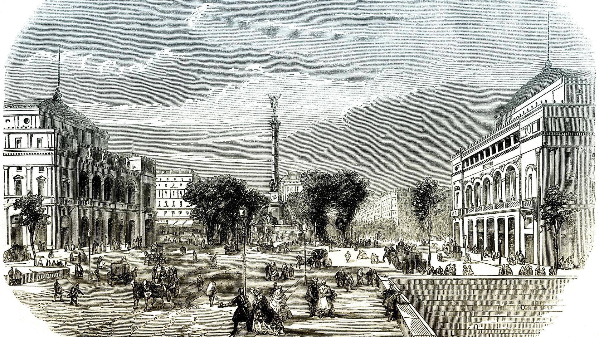 Historische Zeichnung: Paris, Place du Châtelet, die Siegessäule du Palmier, das Théâtre du Châtelet und Théâtre de la Ville von Gabriel Davioud, Frankreich, um 1860.