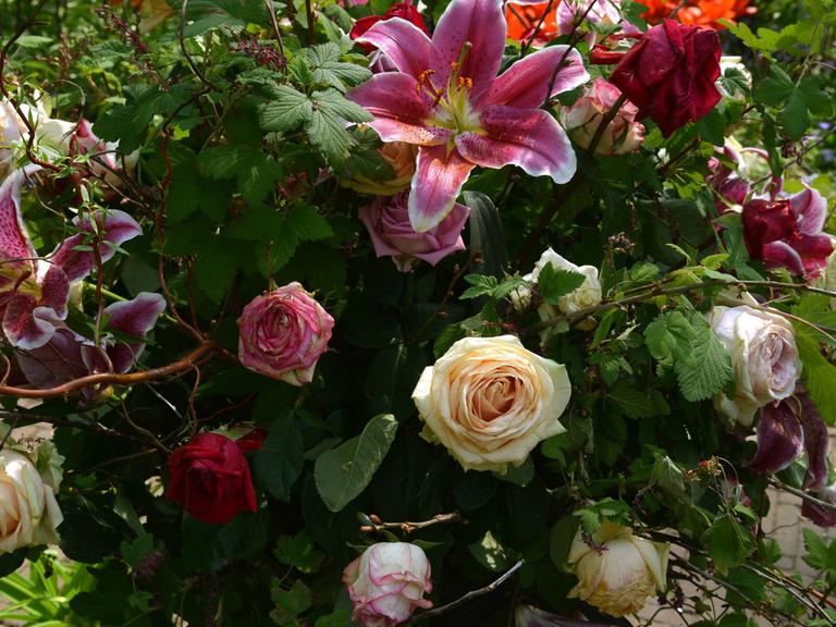 Ein Blumen-Arrangement mit Rosen und Lilien, aufgenommen im Blumenpark Keukenhof bei Lisse in den Niederlanden am 25.04.2014.