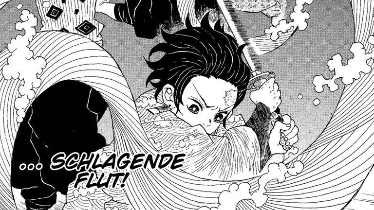 Ausschnitt aus dem Manga "Demon Slayer": Ein Junge schwingt ein Schwert.