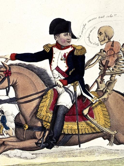 Zeitgenössiche Karikatur als historischer Stich: Napoleon bei der Schlacht von Waterloo 1815, hinter ihm sitzt ein Gerippe mit Sense mit auf dem Pferd