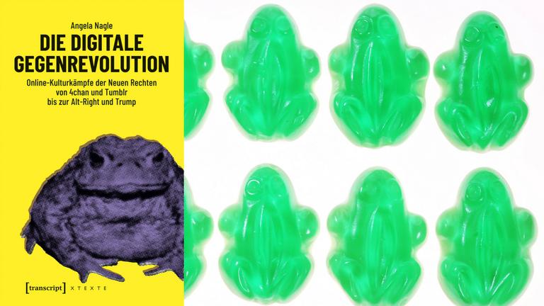 Buchcover Angela Nagle "Die digitale Gegenrevolution" - im Hintergrund grüne Weingummi-Frösche
