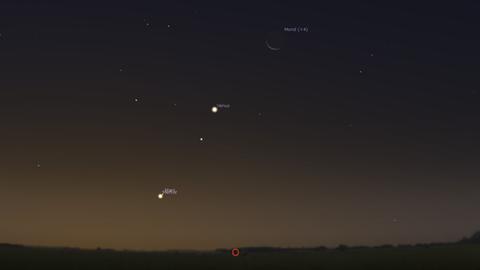 Mondsichel, Venus, Regulus, Mars und Merkur Sonntag früh