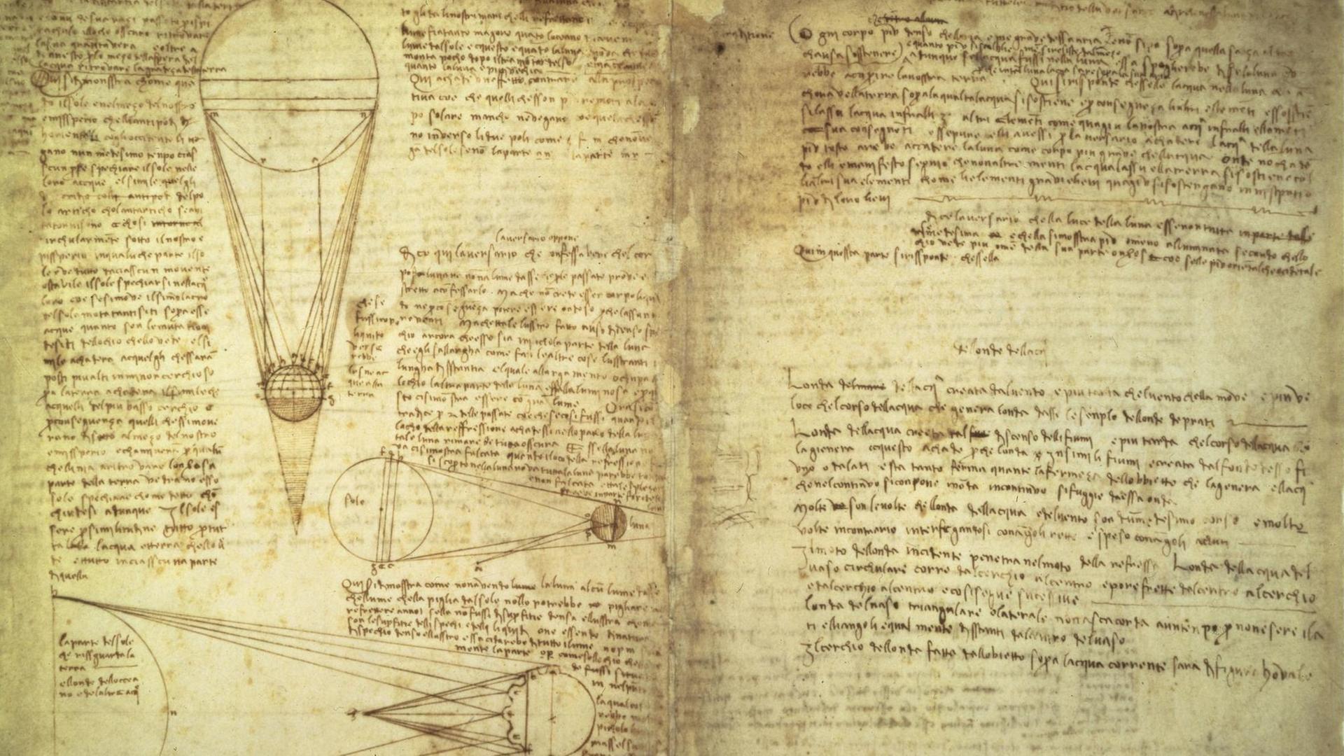 Zwei Seiten aus dem Codex Leicester von Leonardo da Vinci: Darauf beschäftigt er sich mit dem Verhältnis von Erde und Mond zur Sonne.