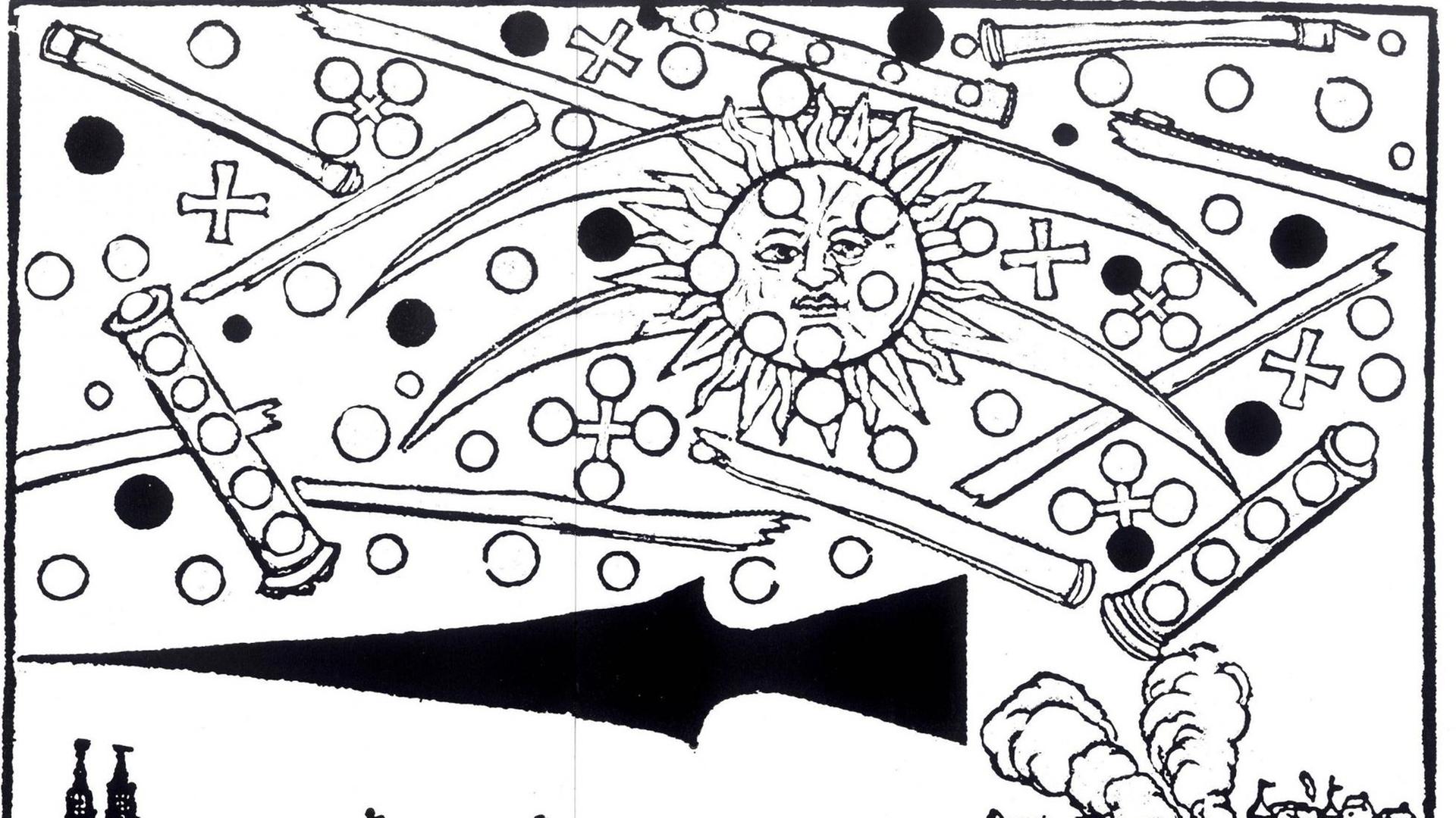 Eine Zeichnung aus dem 16. Jahrhundert zeigt als Kreise stilisierte Sterne, die um eine Sonne mit dreieckigen Strahlen und einem übellaunigen Gesicht zeigen Der Drucker Hans Wolff Glaser machte mit diesem Flugblatt das "Nürnberger Himmelsspektakel von 1561" bekannt