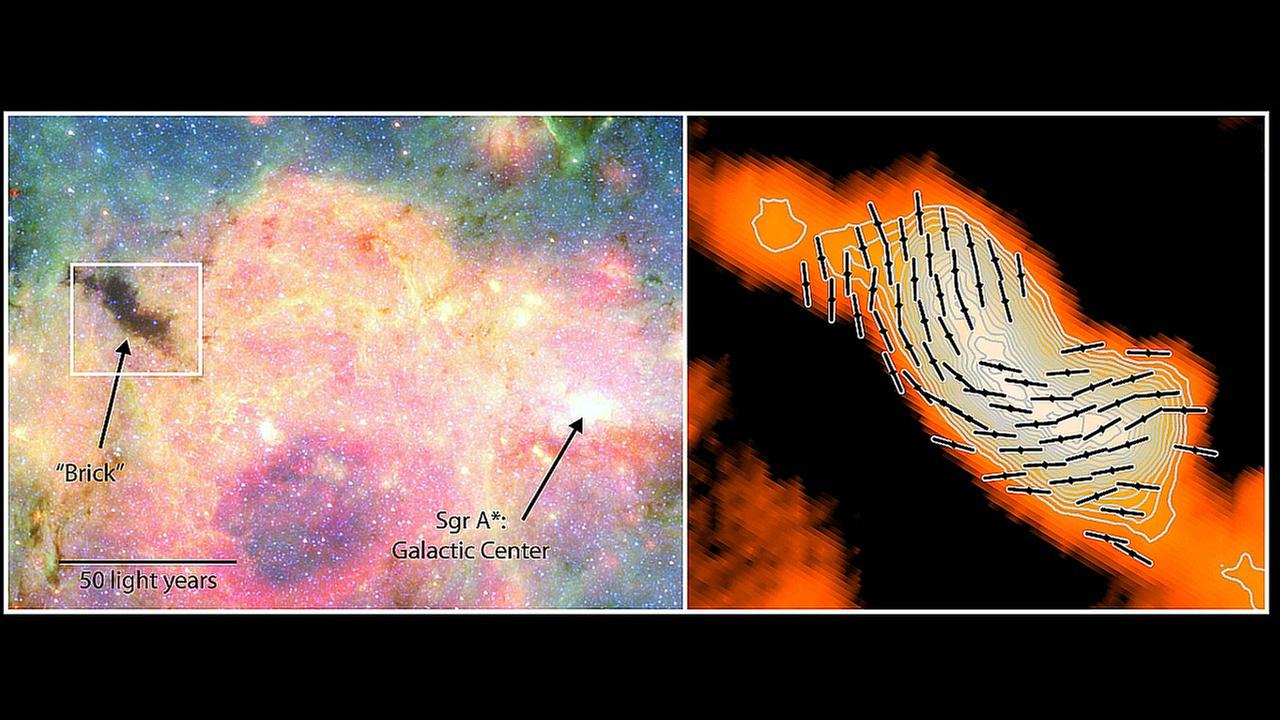 Infrarot- und Radiokarte des galaktischen Zentrums; die schwarzes Linien rechts zeigen den Verlauf ausgedehnter Magnetfelder an.
