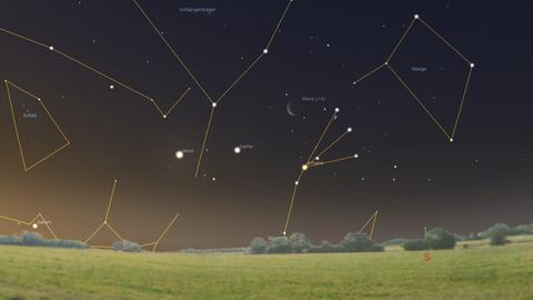 Venus, Jupiter und der Mond morgen früh nach 7 Uhr am Südhimmel