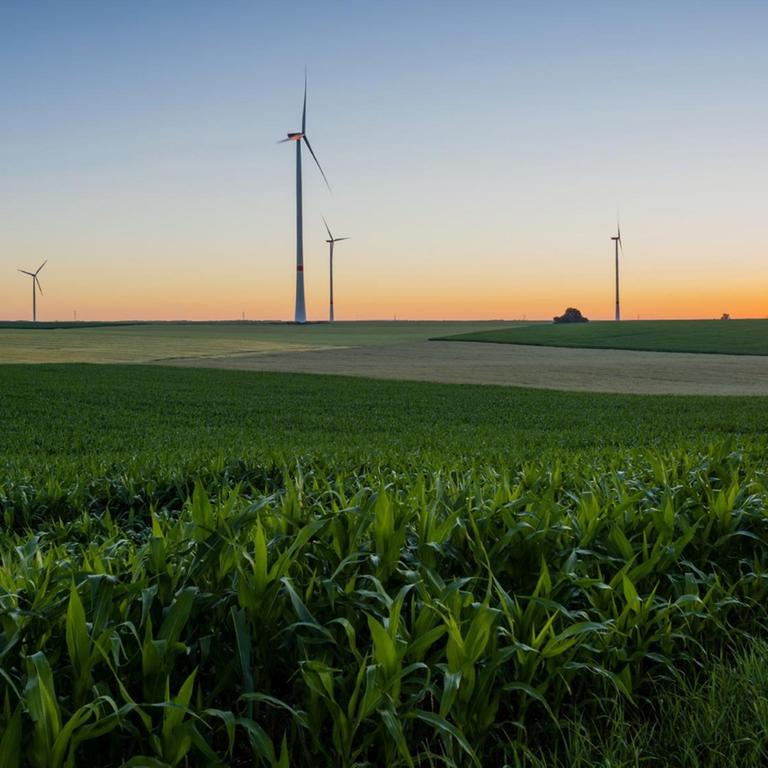 Windräder stehen am Horizont, wo die Sonne aufgeht. Im Vordergrund ein Feld mit grüne Pflanzen