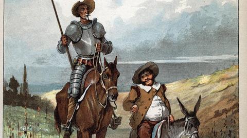Don Quixote auf seinem Pferd Rosinante und Sancho Panza auf seinem Esel. Farb-Illustration von Jules David, frz. Übersetzung des Romans 'El ingenioso hidalgo Don Quixote de la Mancha' von Miguel de Cervantes