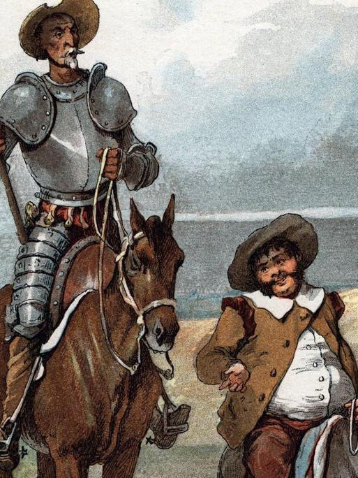 Farb-Illustration von Jules David, die Don Quixote mit Rüstung und Strohhut auf seinem Pferd Rosinante sitzend zeigt und Sancho Panza neben ihm auf seinem Esel.