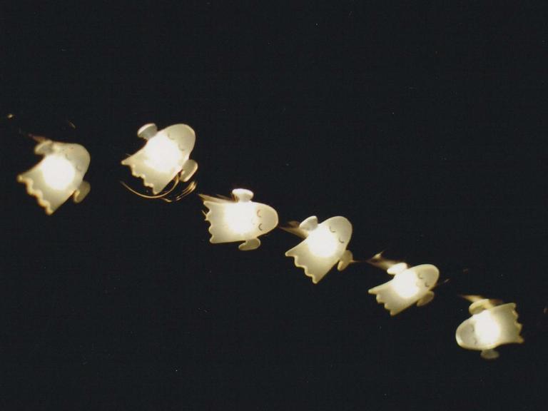 Eine Lichterkette mit gespensterförmigen Lämpchen.