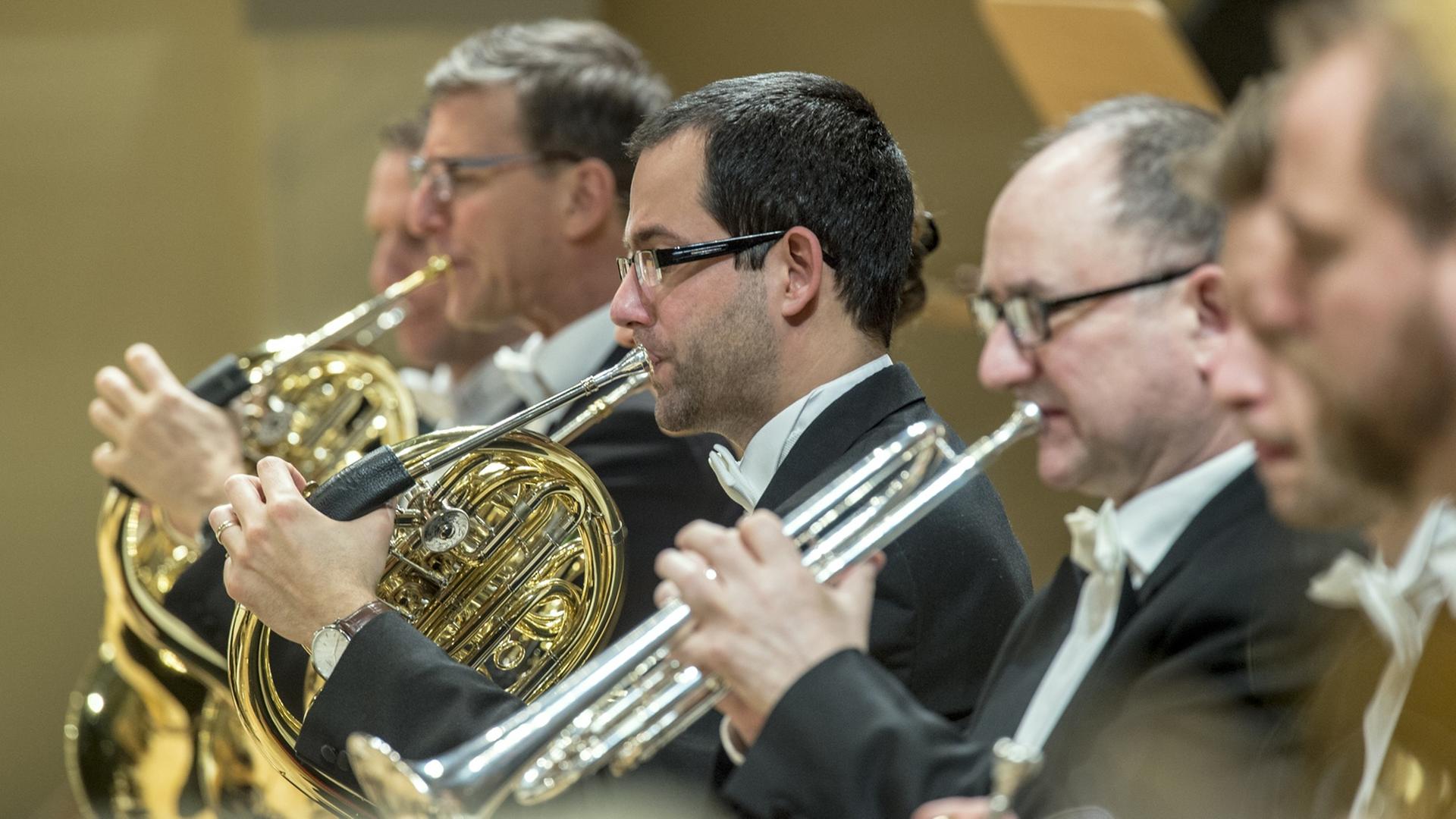 Der Hornist Dániel Ember und seine Kollegen des Rundfunksinfonie-Orchesters Berlin spielen in einem Konzert.