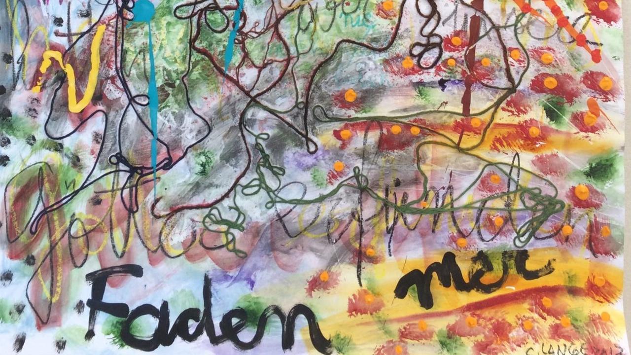 Ein gemaltes Bild mit vielen bunten Farben, unten steht geschrieben: 'Faden'