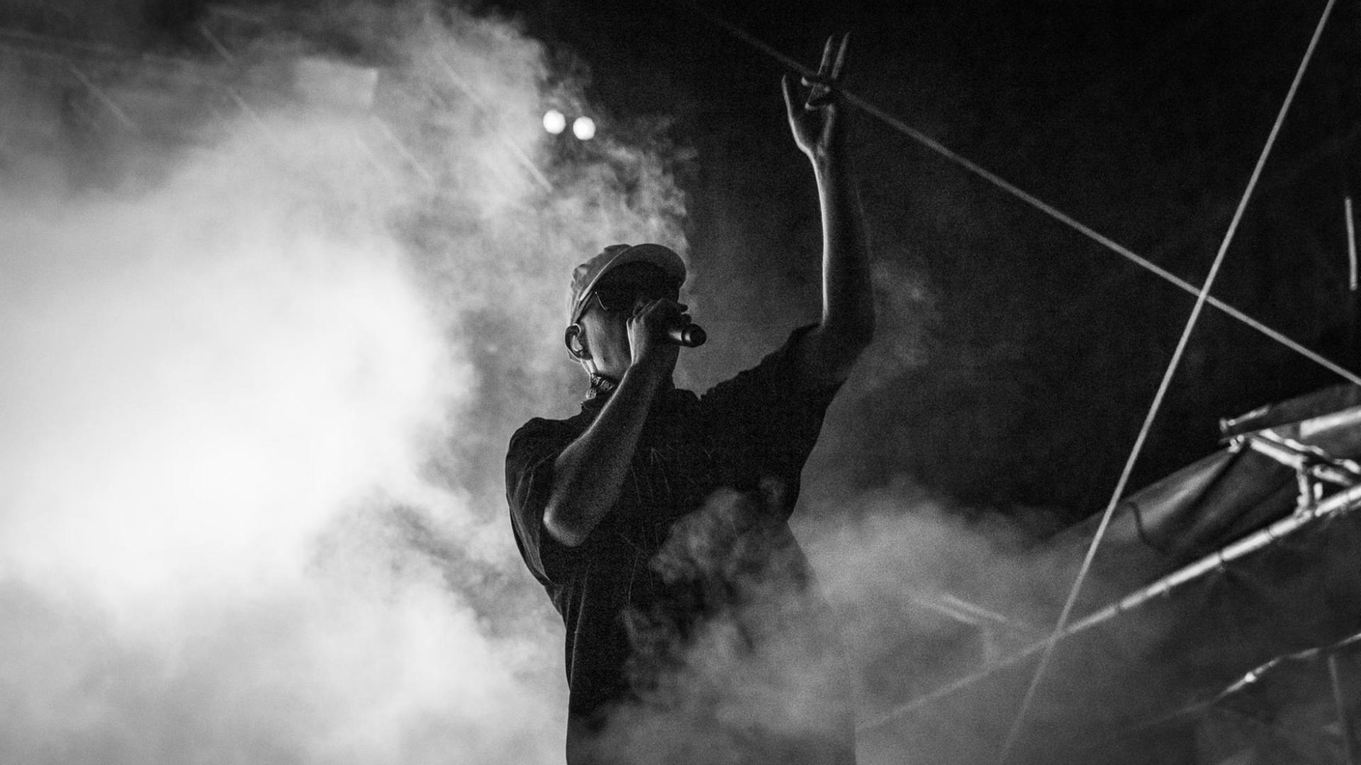 Der Hip-Hop Sänger Trettmann im Bühnen-Nebel, Mikrophon am Mund und Hand in die Luft gestreckt.