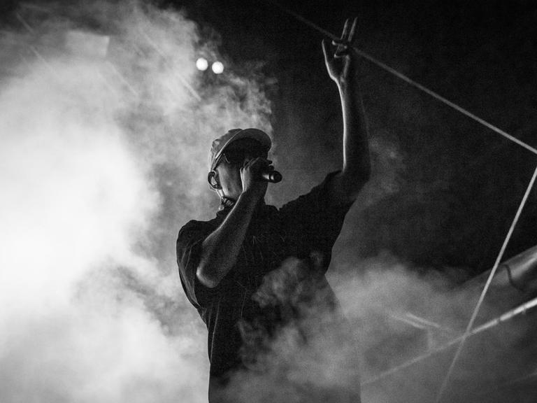 Der Hip-Hop Sänger Trettmann im Bühnen-Nebel, Mikrophon am Mund und Hand in die Luft gestreckt.