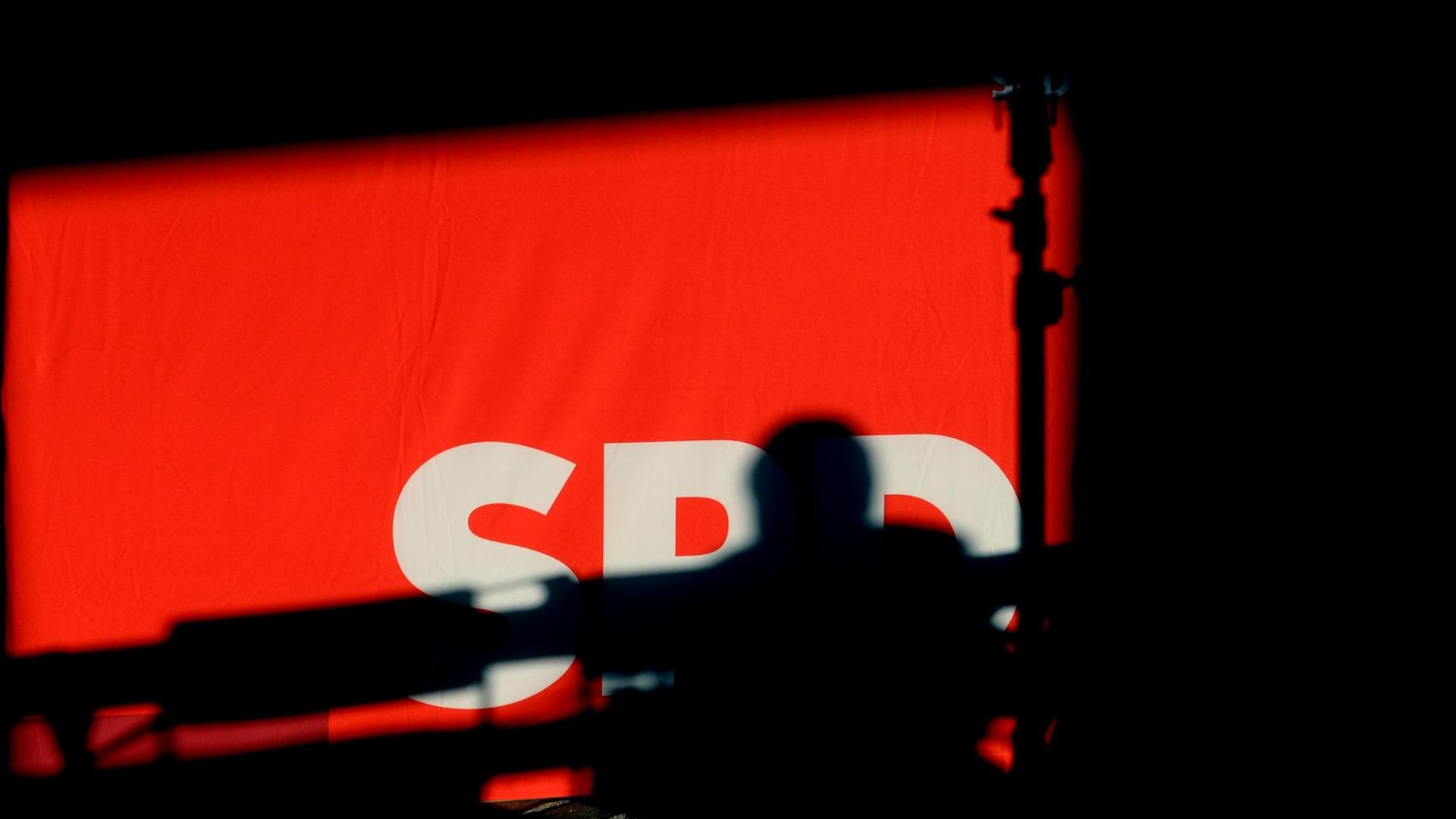 Schatten verdecken das Parteilogo der SPD in einem Raum eines historischen Landgutes am 18.01.2016 in Nauen (Brandenburg).
