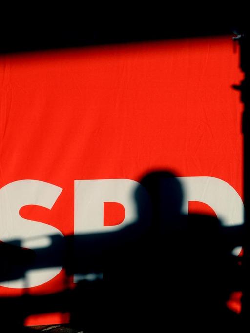 Schatten verdecken das Parteilogo der SPD in einem Raum eines historischen Landgutes am 18.01.2016 in Nauen (Brandenburg).